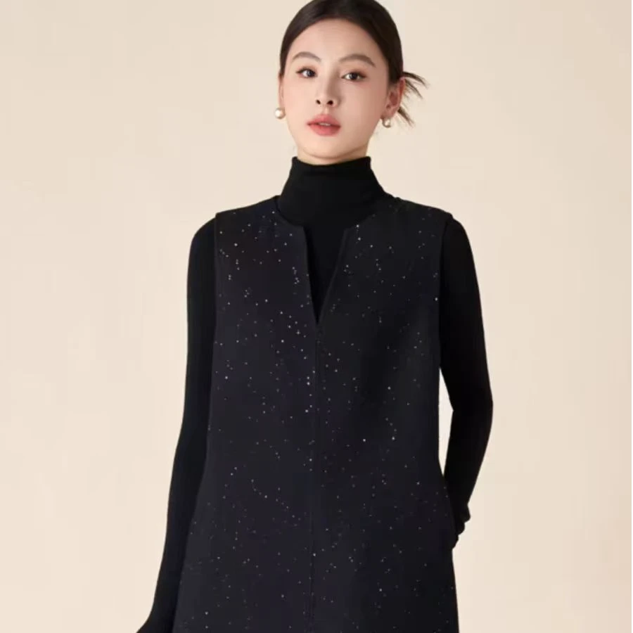 高级小香风马甲连衣裙2025冬季中长款A字裙女毛呢背心裙V领-518款