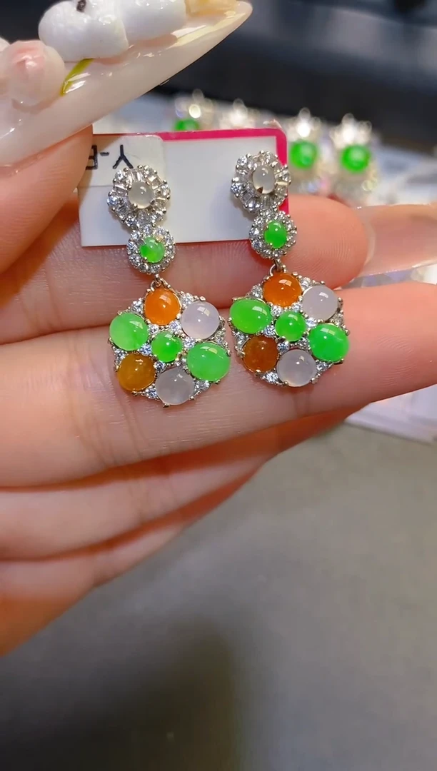 银S925镶嵌翡翠耳饰天然