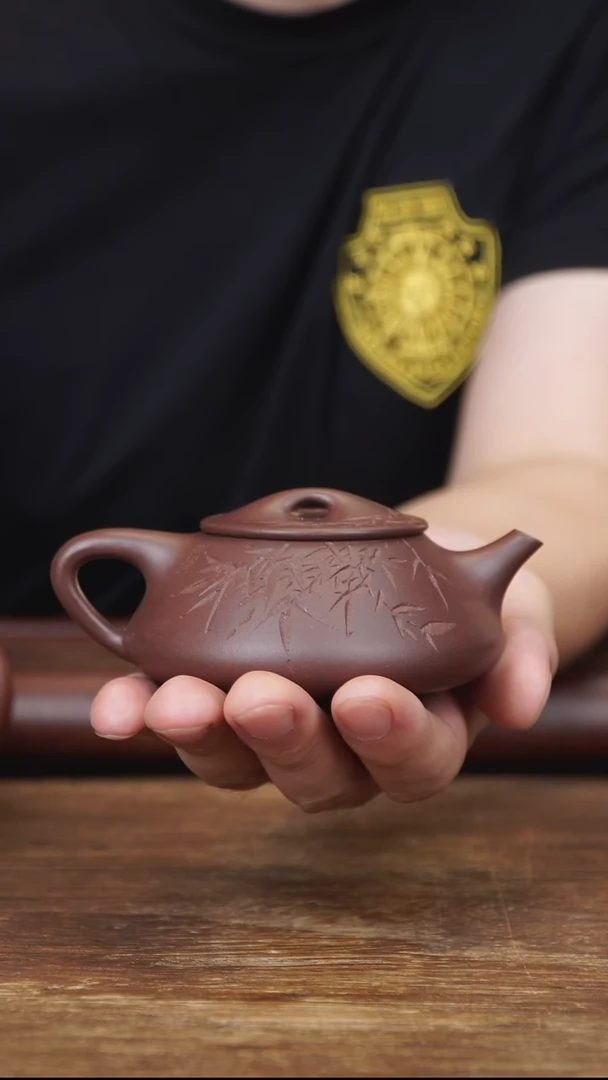 茶壶紫砂160ml 刻绘光明石瓢 家藏紫茄泥