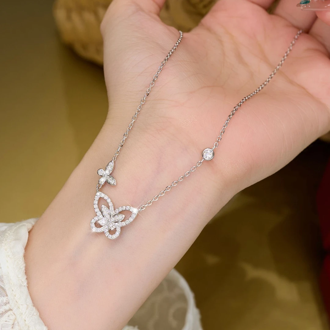 坠链均925银莫桑石 双蝶项链 简约时尚高级百搭大众韩式精致镶嵌