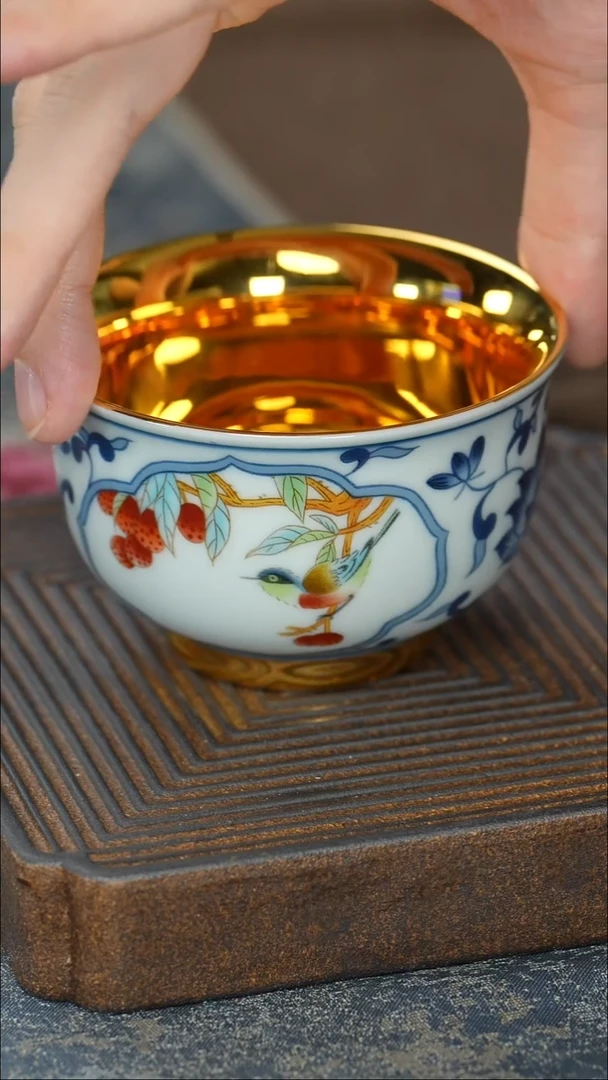 【鎏金喜鹊碗型杯（莲花）】【蓝12西泠礼盒】