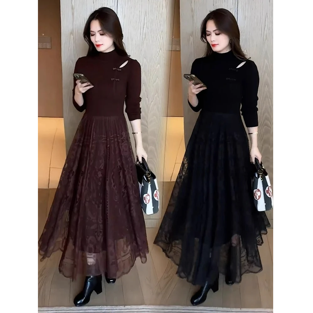 时尚洋气打底连衣裙女2025春秋新款中长款高级感蕾丝拼接针织裙子