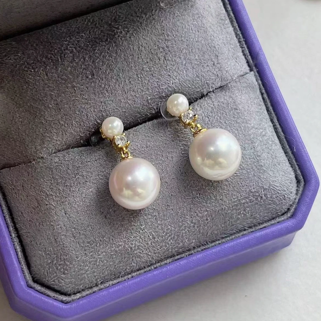 S925银天然淡水双珠耳环小珍珠6-7mm/大珍珠11-12mm正圆一款两戴