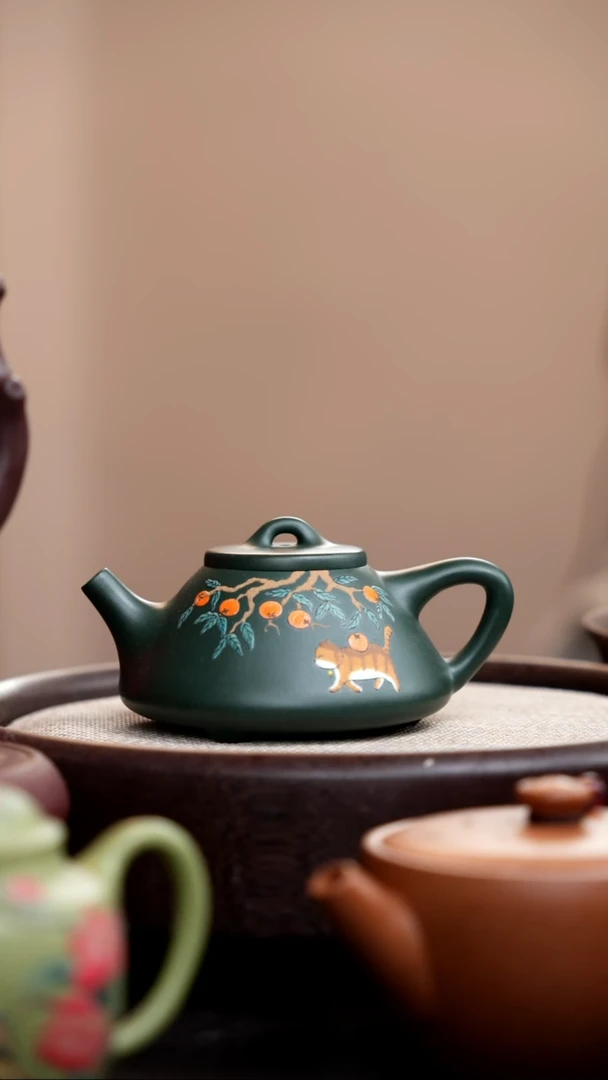 【闪购商品】紫砂茶壶民国绿子冶石瓢泥绘橘猫012