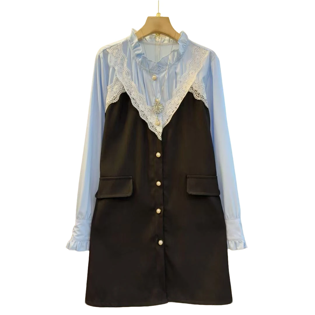 法式宫廷设计感百搭时尚拼接连衣裙（长82左右）