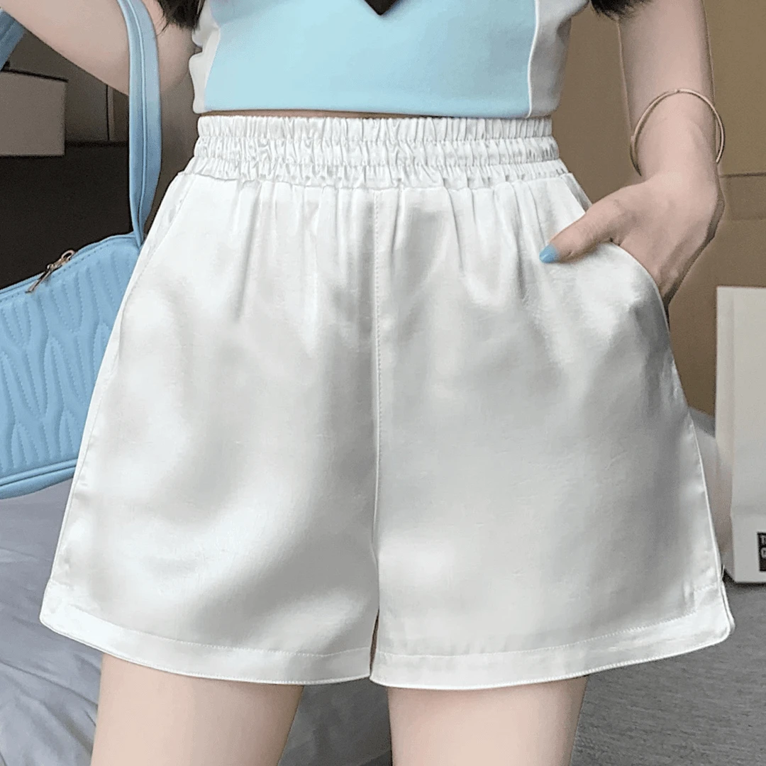 短裤）醋酸缎面时尚遮肚子藏肉A字短裤时尚宽松松紧腰