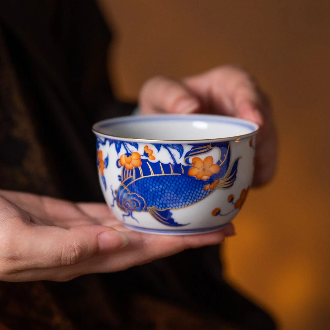 詺兮清窑“周远强”观园大鱼海棠撇口缸杯景德镇陶瓷手绘茶具MX9116