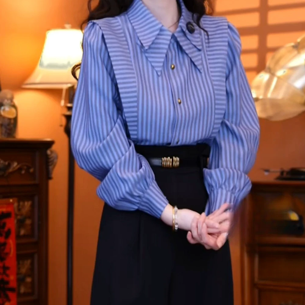 【椰风海韵】春季长袖衬衣气质精致设计感上衣蓝色条纹衬衫女春季