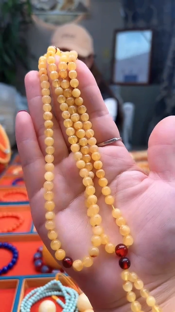 蜜蜡颈饰未镶嵌6+蜜蜡圆珠多圈108  微暇