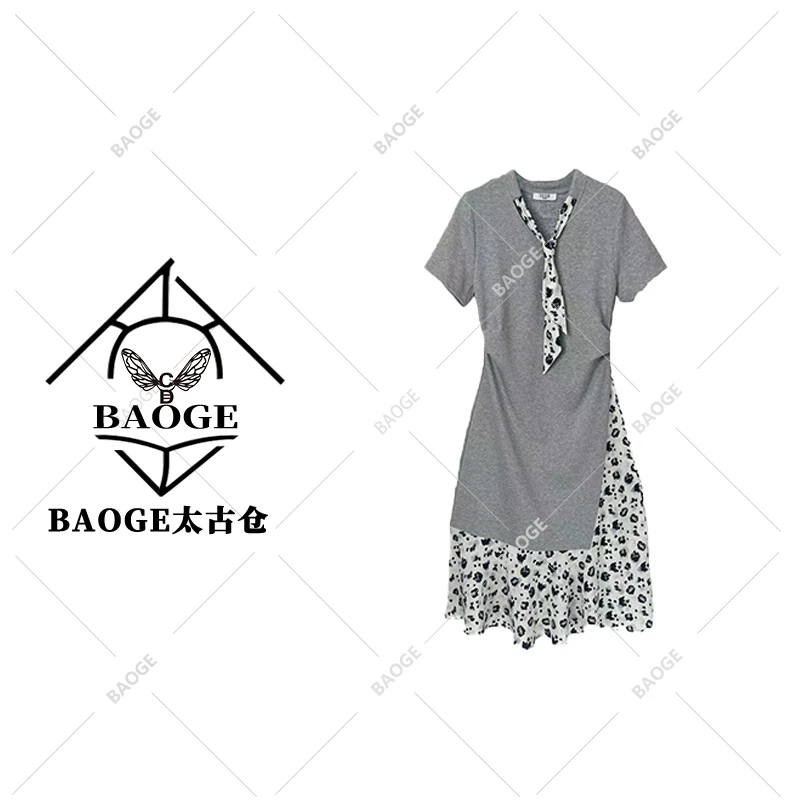 【BAOGE太古仓】Q25155时尚拼接波点设计收腰连衣裙