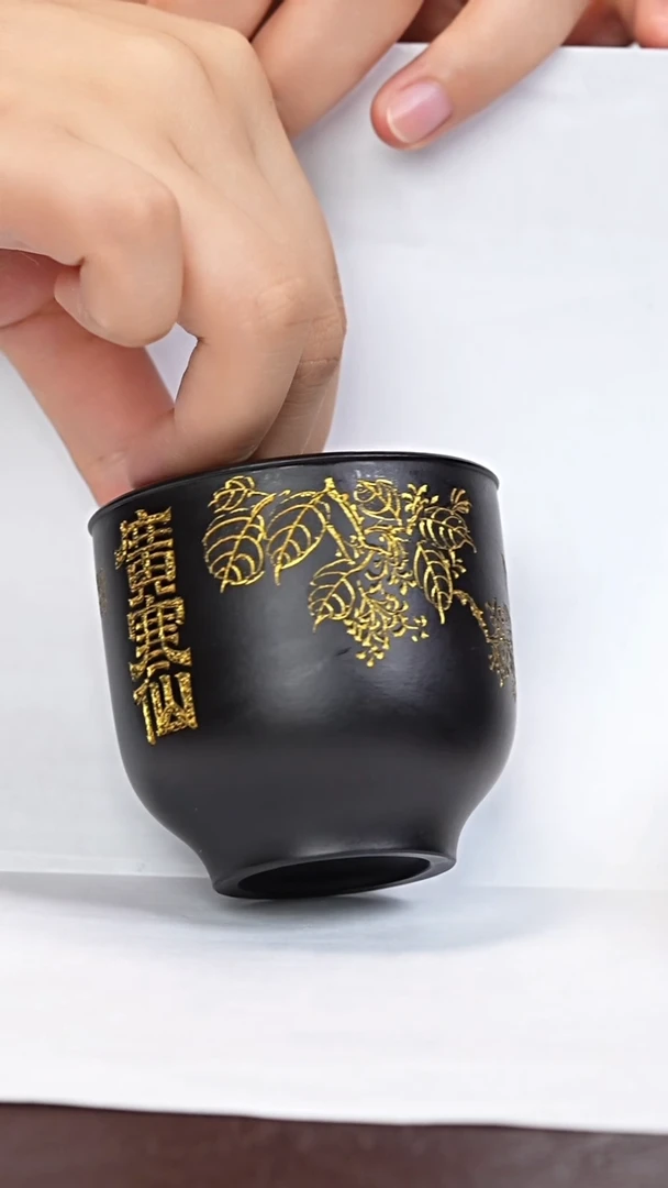 茶杯紫砂朱泥焐灰 刻绘桂花 圆融杯