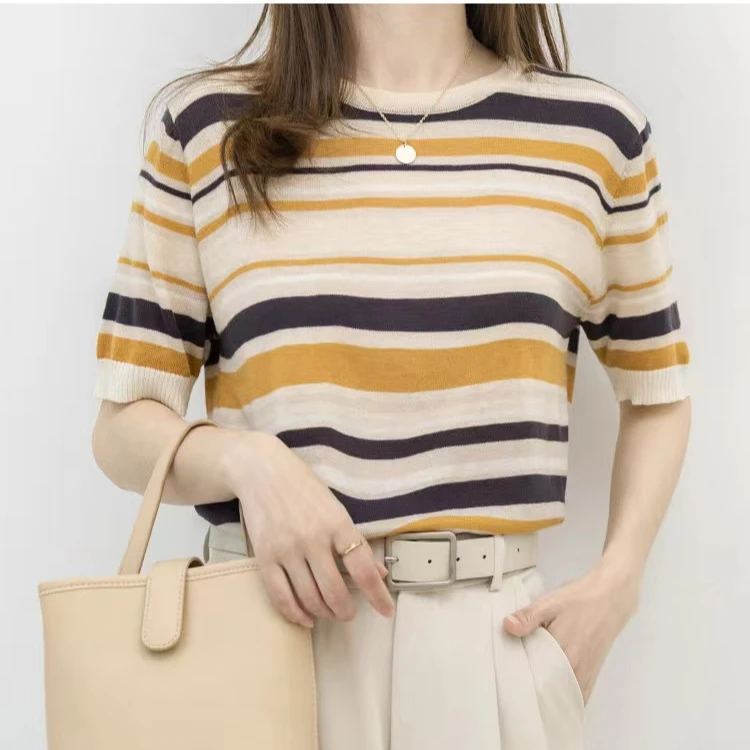 全棉线不起球女条纹短袖针织条纹t恤打底衫上衣套头夏季气质时尚