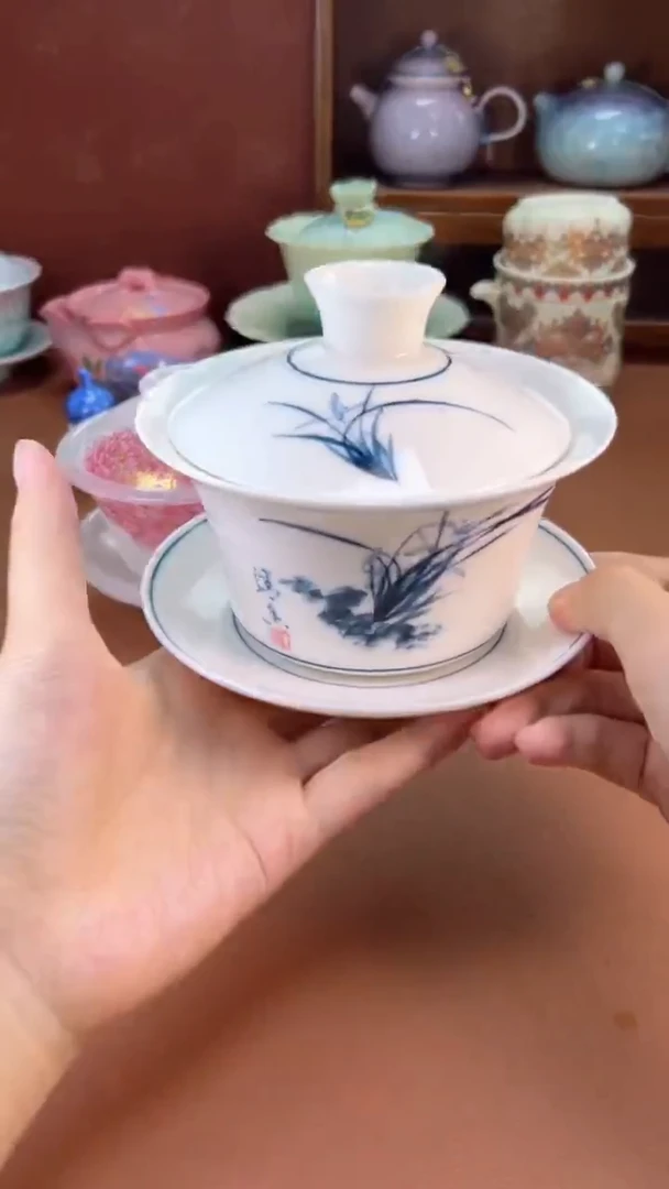 拾椿山 | 精美陶瓷茶具/茶器/茶道配件 大盖碗青花手绘