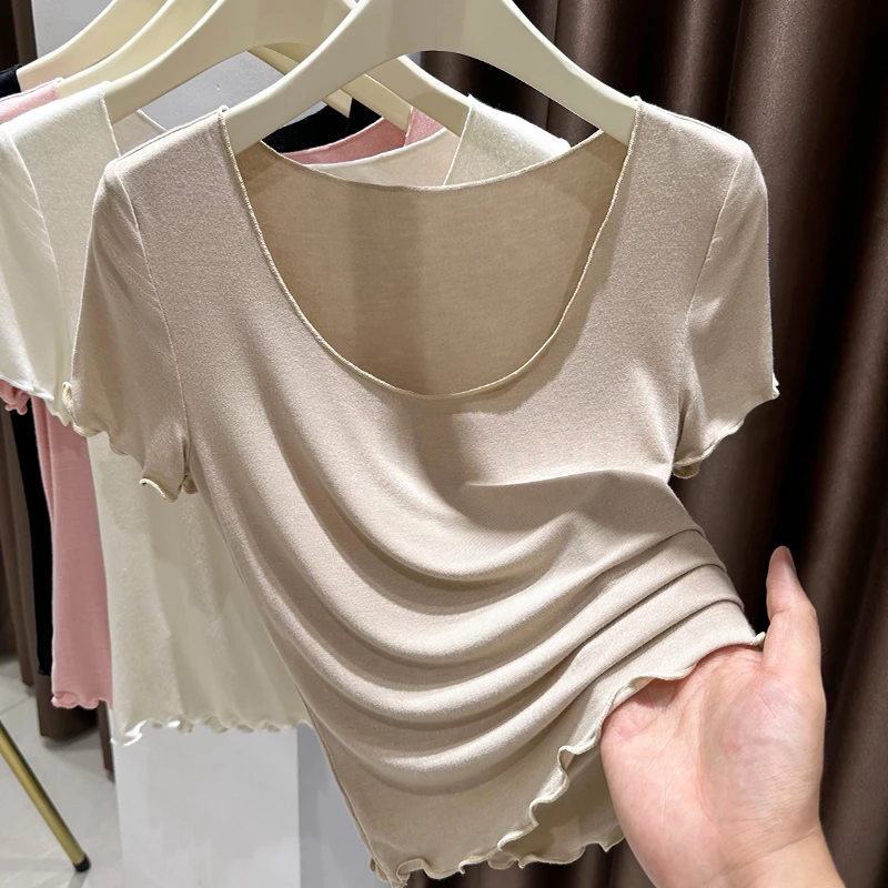 纯欲露锁骨2025夏季短款打底衫上衣女咖色薄款大圆领短袖T恤内搭