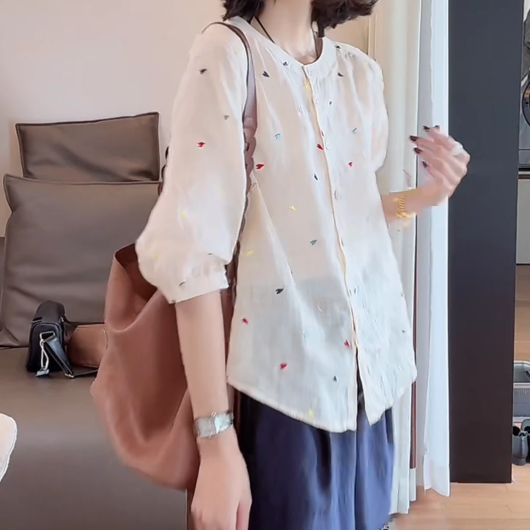 设计感彩色刺绣提花衬衫女夏季2025新款时尚百搭文艺小众女士衬衣