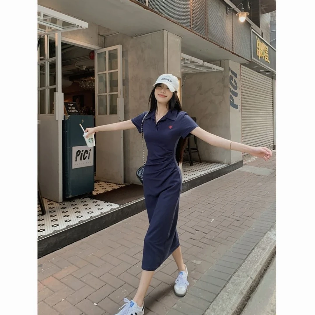 珍珍高个子【通勤日记】加长polo休闲通勤收腰显瘦刺绣短袖连衣裙女