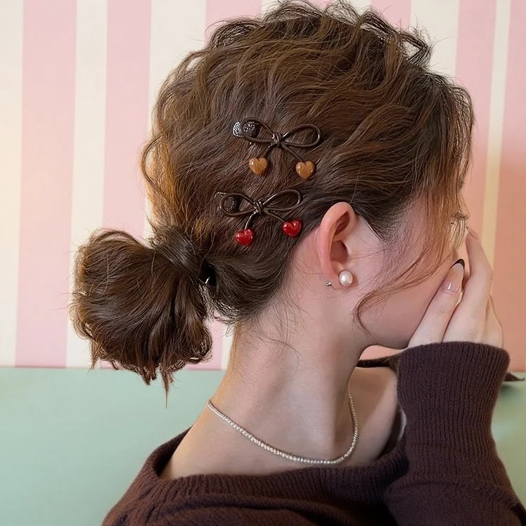 蝴蝶结发夹女咖色爱心边夹侧边前额发卡2025新款刘海夹子高端头饰