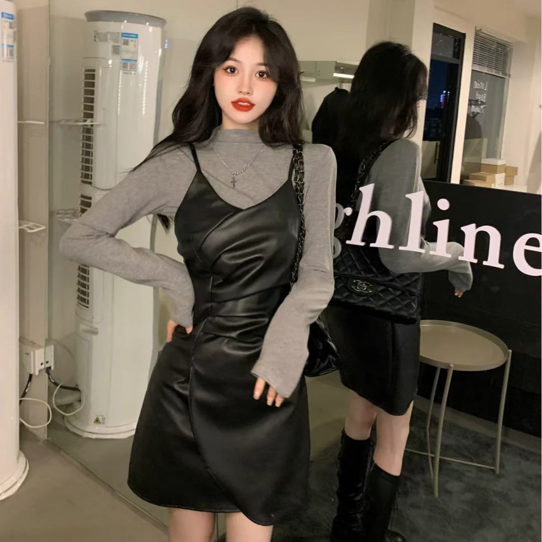 两件套新款高领打底衫+吊带连衣裙女春收腰气质内搭裙高级感皮裙