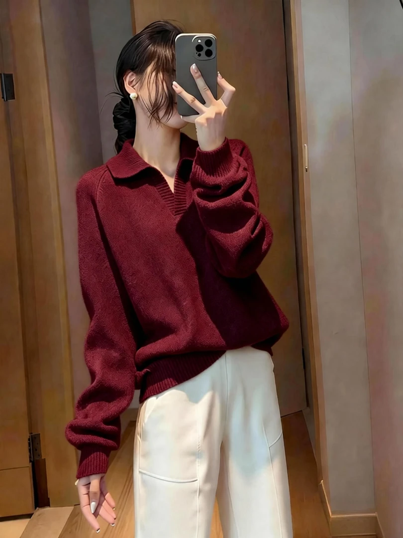 时尚慵懒风翻领长袖针织衫女秋冬新款简约百搭软糯显瘦打底上衣女