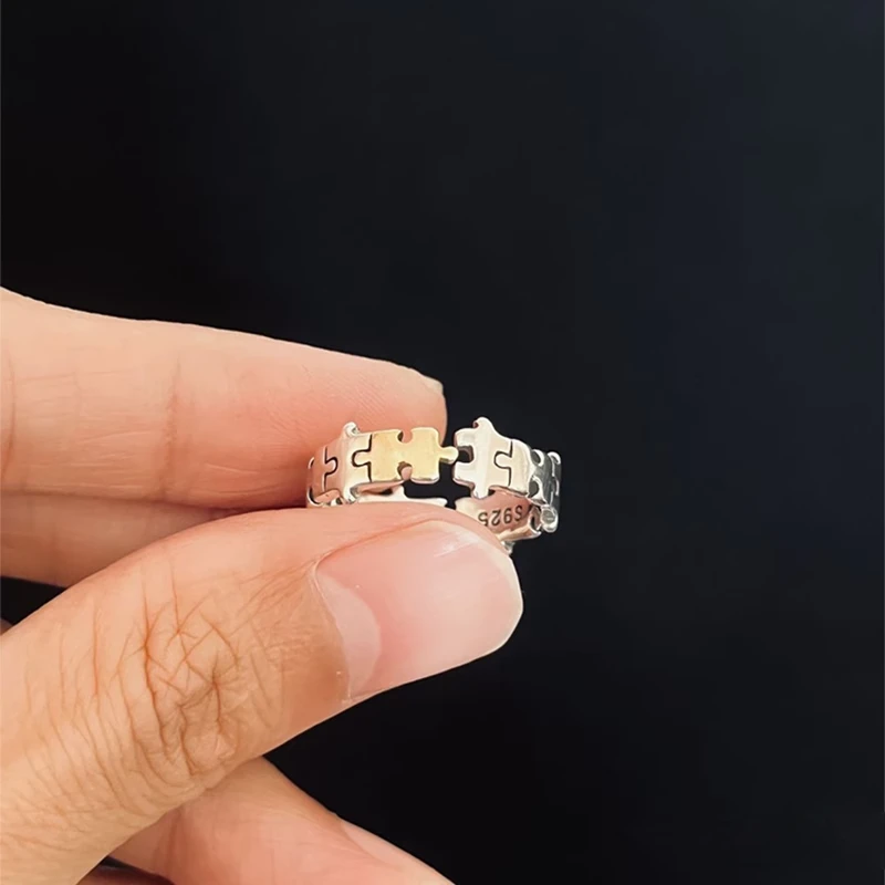 925银戒指 复古银色碎片拼图戒指个性简约小众时尚设计感食指戒女