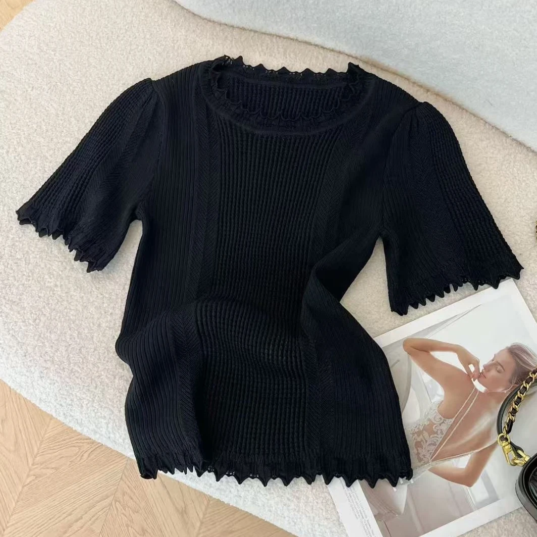 设计感木耳边针织短袖T恤女2025新款夏季显瘦时尚纯色简约上衣