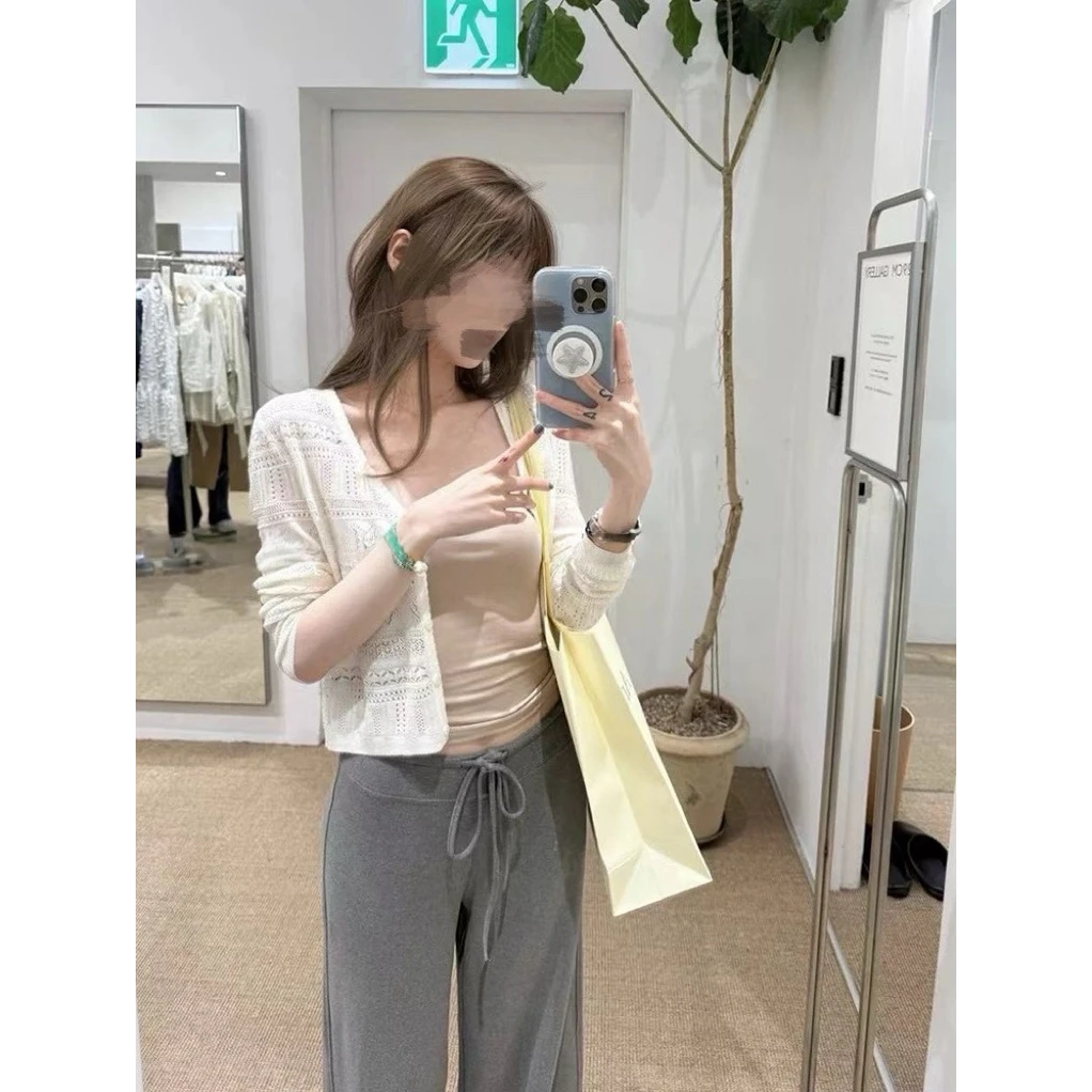米白色针织开衫上衣女夏季镂空肌理感针织衫防晒衫