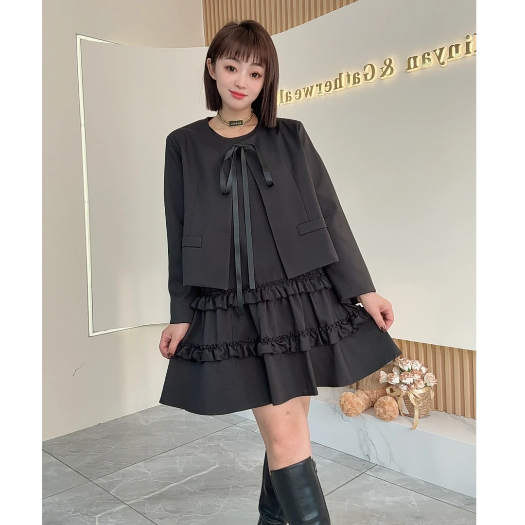 【鑫焱甄选】秋冬千金风连衣裙复古木耳边时尚套装百褶裙洋气法式
