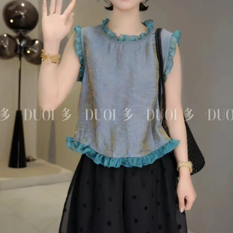 韩版2025夏季女复古新中式花边领口拼接暗纹提花百搭飞飞袖上衣潮