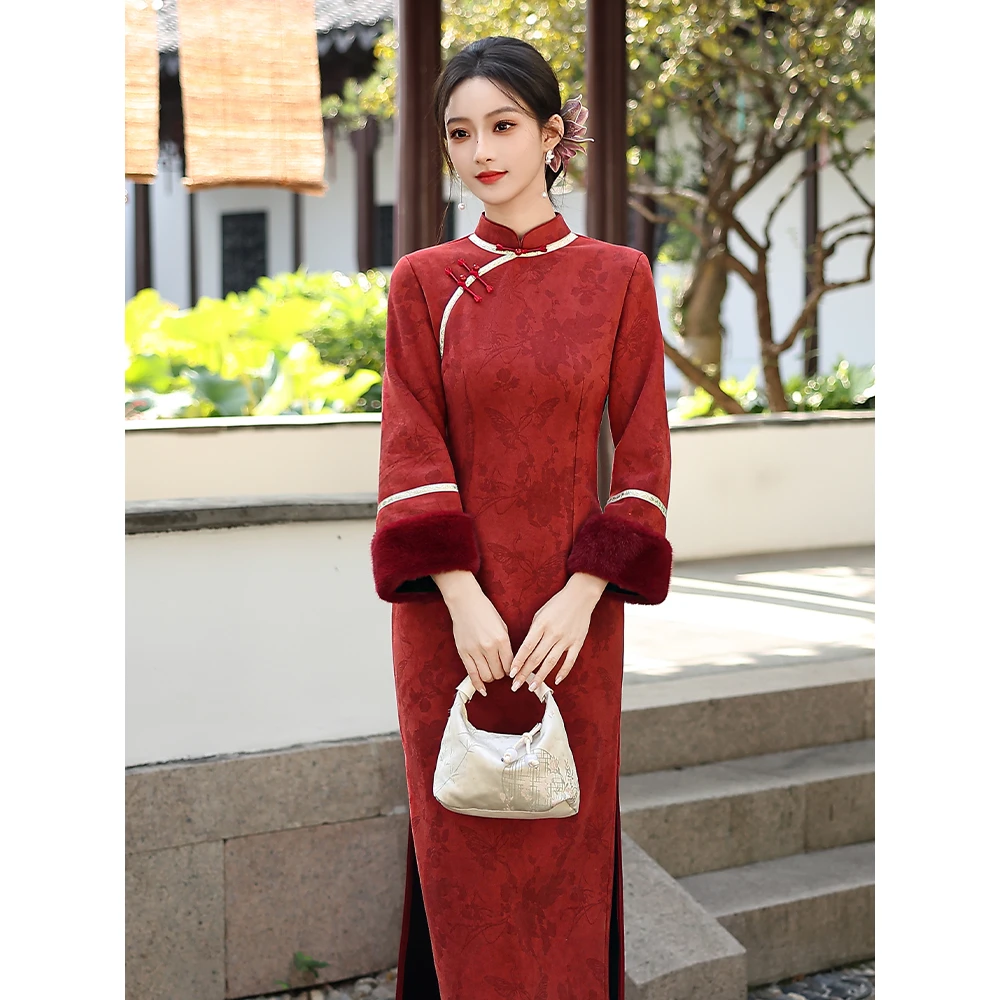 红色新中式旗袍加绒保暖2025冬新款新娘敬酒服订婚结婚礼服年轻款