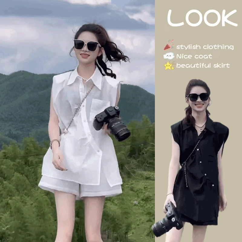 小个子穿搭一整套女装2025夏季新款高级感休闲衬衫上衣短裤两件套