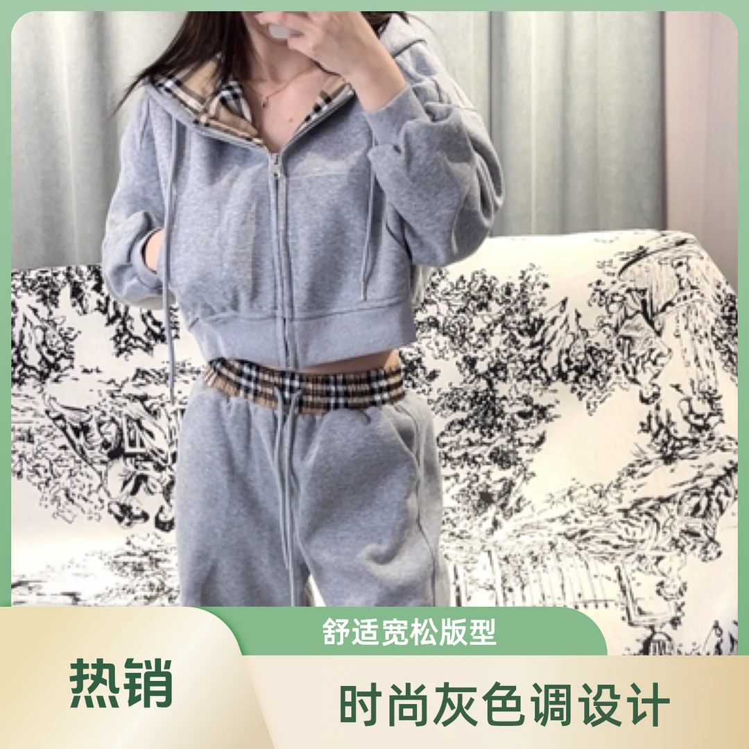 短款连帽卫衣外套女显灰色运动裤长裤休闲外穿两件套装时尚秋冬