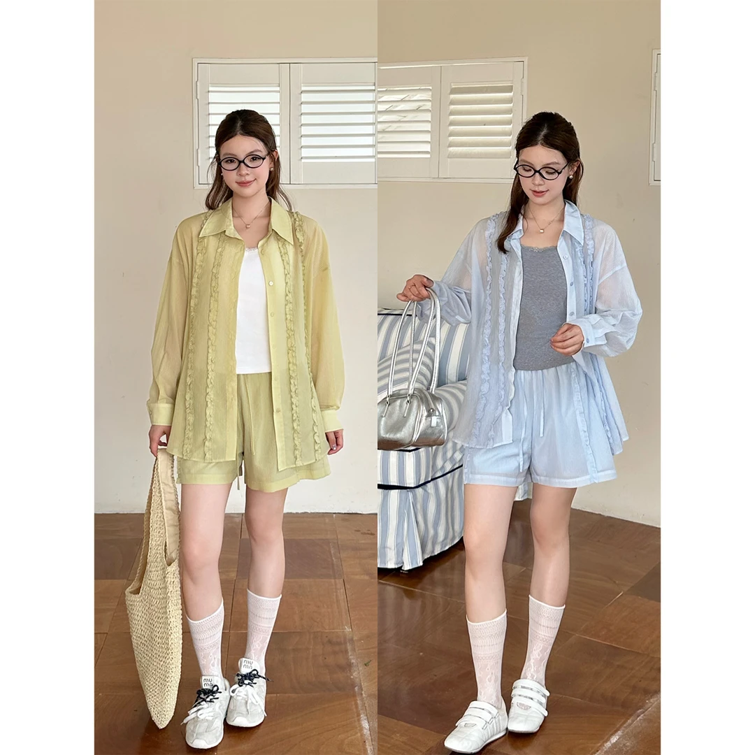 裂渡宣宣【海盐气泡】微胖大码女夏木耳花边衬衫+短裤套装ZY505A33