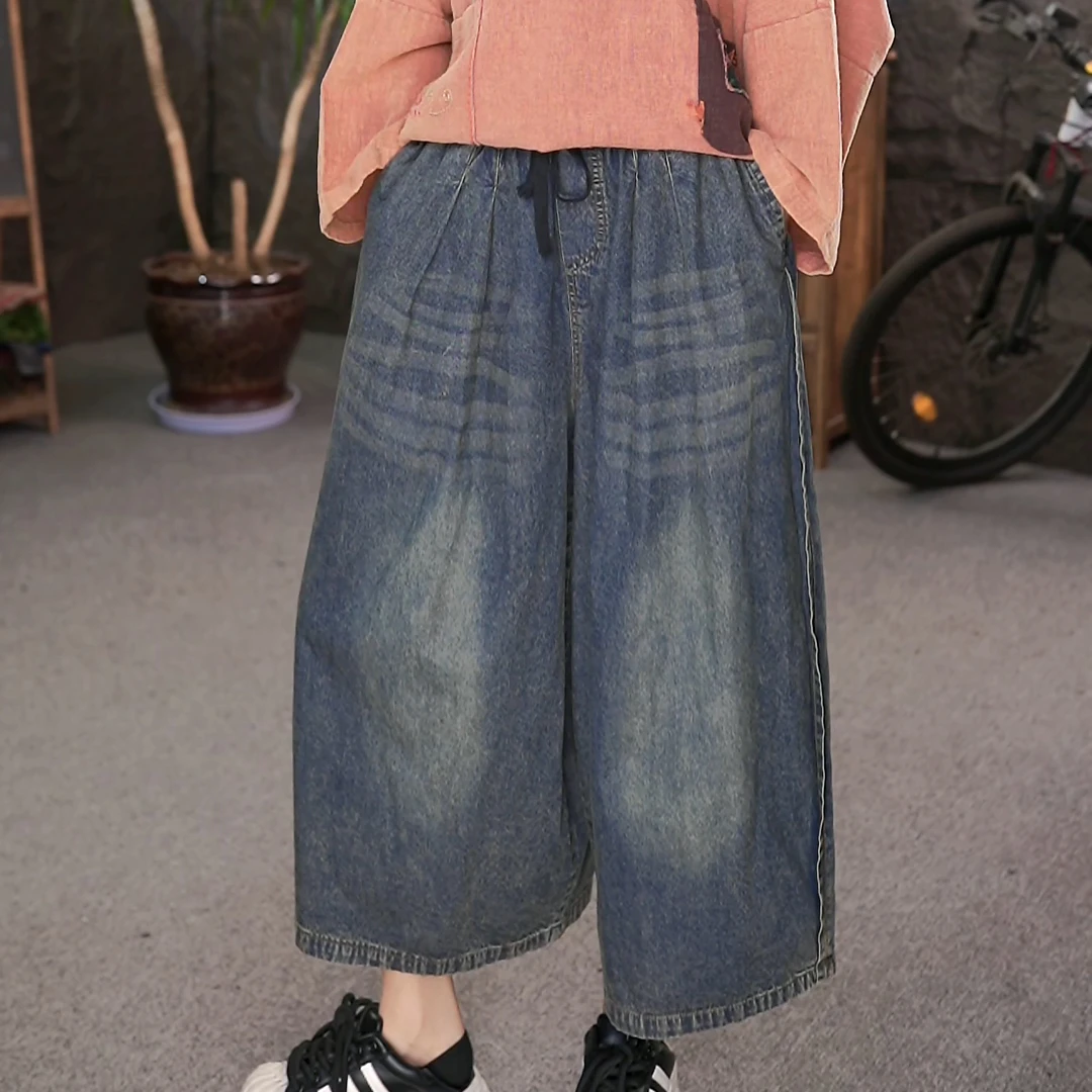 LL夏季新款文艺复古宽松休闲大码纯色直筒阔腿洗水牛仔八分裤