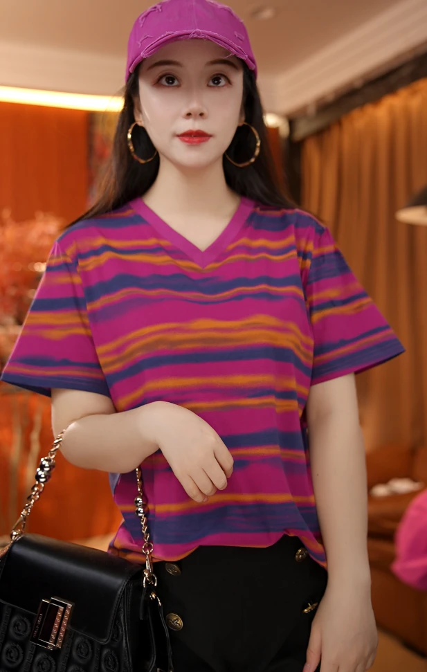 【大瑾瑾】-时尚彩虹条纹短袖T恤【1293】