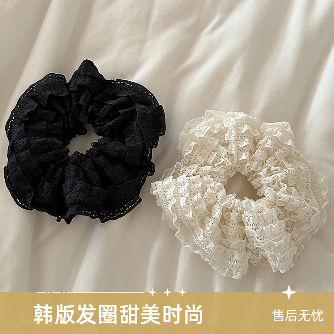 韩版高级感法式蕾丝奶油色大肠发圈女发绳扎头双层发饰头绳甜美女