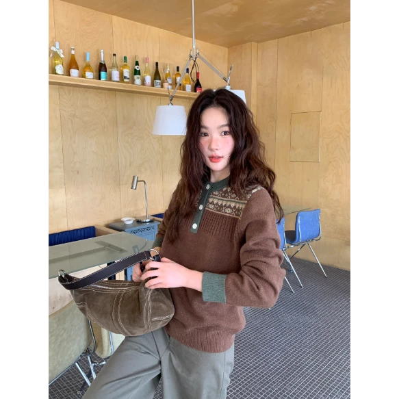 大码女装费尔岛提花毛衣女秋冬新款韩系慵懒软糯设计感针织上衣