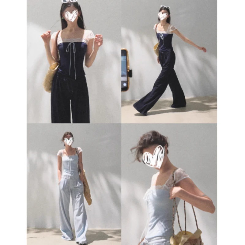 艺等法式新款蕾丝蝴蝶结设计感凉感T恤2025年夏季修身百搭女上衣