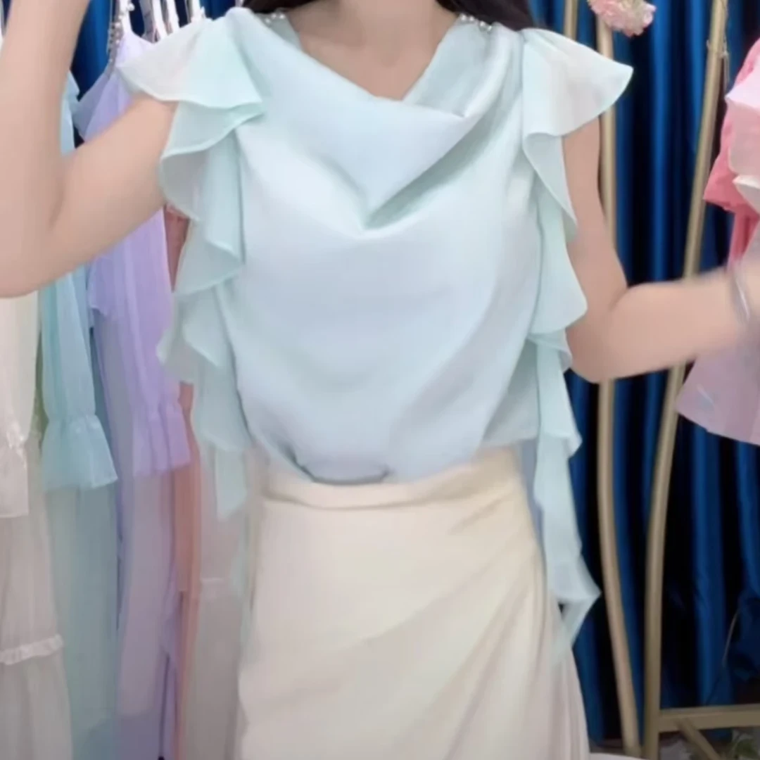 法式气质堆堆领衬衫女夏款衬衣2024年新款荷叶边小飞袖高级感套装