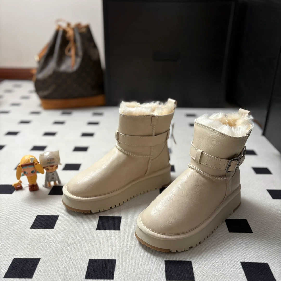 中筒加毛防水时尚雪地靴冬季中跟耐磨女鞋加厚大棉鞋厚底全毛