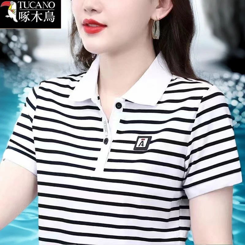 啄木鸟正品短袖条纹撞色T恤2025年新款夏季纽扣POLO领休闲上衣女