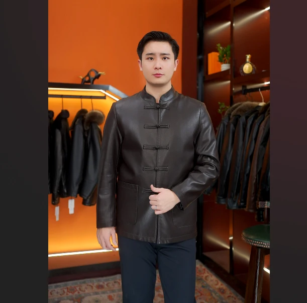 新中式羊皮唐装外套男立领春秋季高端中式皮夹克中老年