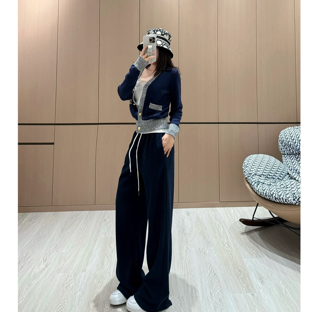 原创定制设计重工贴标松紧高腰抽绳阔腿休闲裤醋酸羊毛裤子5979