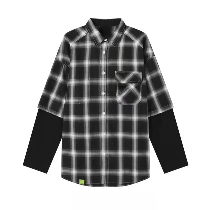 男女同款，潮牌口袋字母刺绣撞色格子假两件衬衫4135（5107