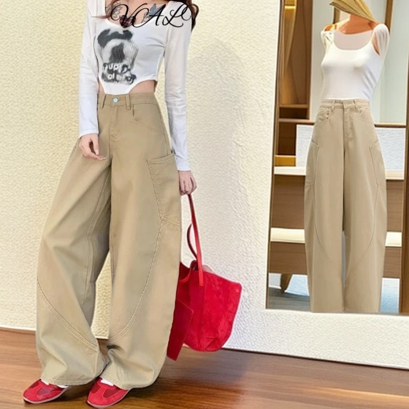 爆款复古卡其色弯刀牛仔裤女2025年春秋新款高腰宽松港风阔腿裤子
