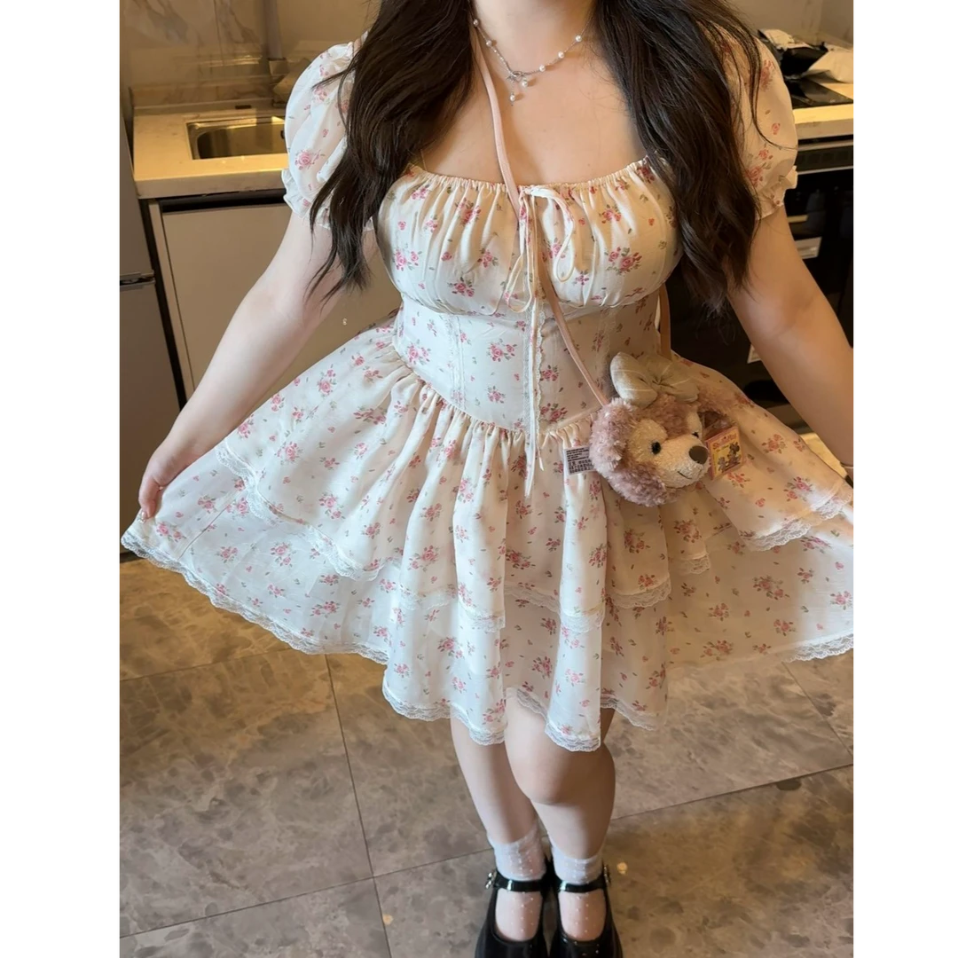 大码微胖法式甜美碎花连衣裙夏季新款公主气质收腰蓬蓬显瘦连衣裙