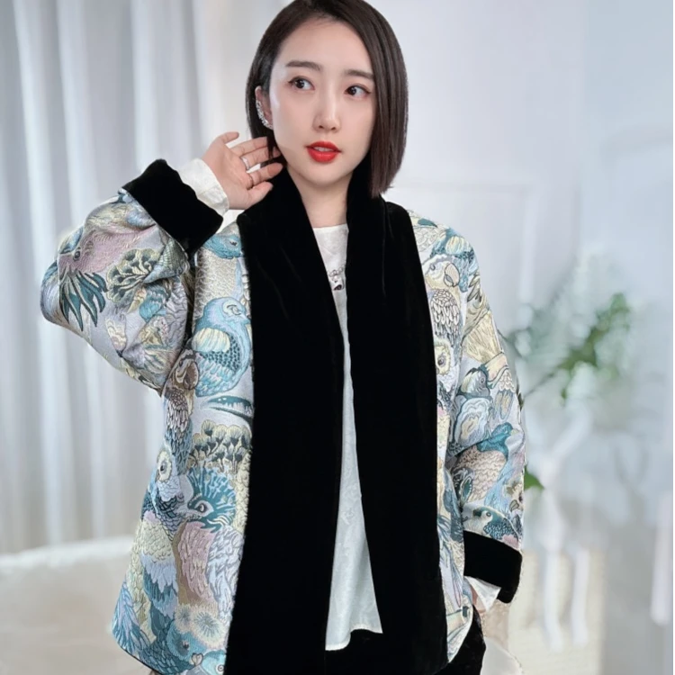 新中式混纺宋锦时尚中国风秋冬保暖丝绒女装HF-4249