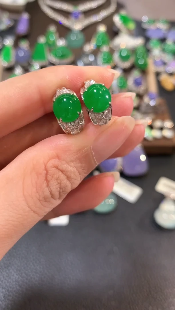 翡翠18K金镶嵌耳饰m40  1