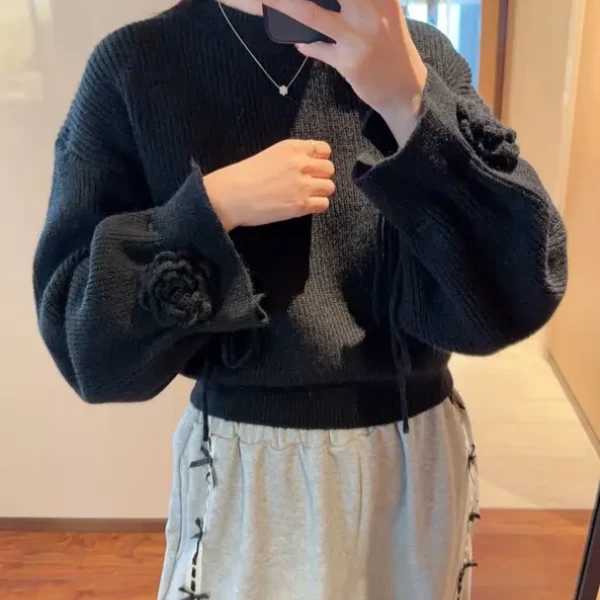 【张静芝】韩范儿时髦系带袖口宽松显瘦短款女生黑色毛衣