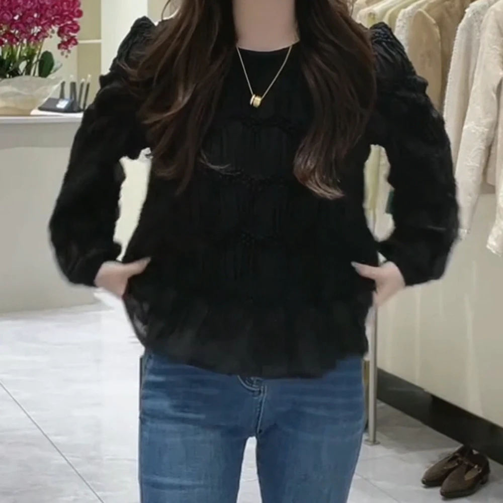 2025春季韩版褶皱纹理长袖小衫黑色气质显瘦时尚衬衫小众上衣女