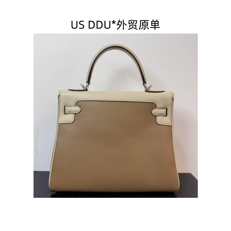 A187 奶茶拼色银扣凯莉28内缝狼牙边swift皮手提包1267/D014